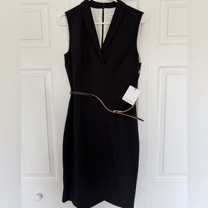 NWT Calvin Klein Black Sheath Dress Size 10 Belted V Neck Sleeveless Career